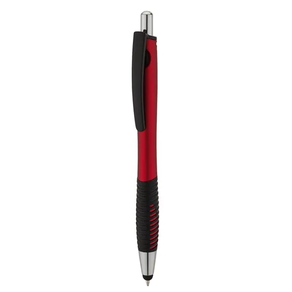 Plunger action ballpoint pen with metallic colored barrel, textured rubber grip... from ASI 67866 Logomark/Valumark / Valumark™