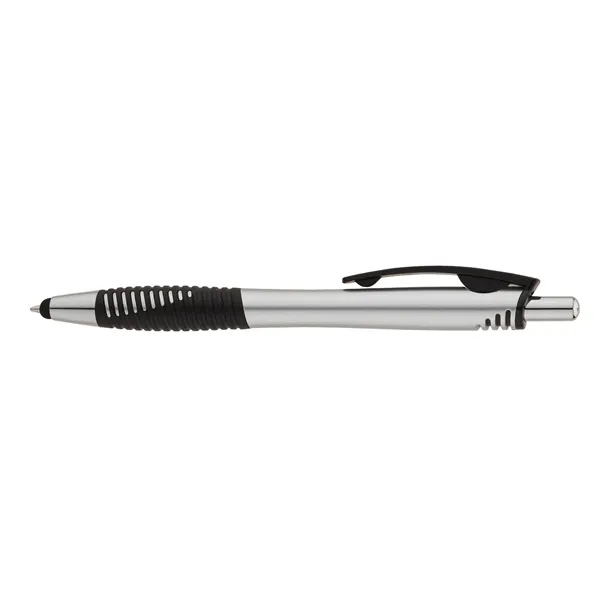 Plunger action ballpoint pen with metallic colored barrel, textured rubber grip... from ASI 67866 Logomark/Valumark / Valumark™