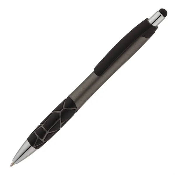 Plunger action ballpoint pen with metallic barrel, textured GEO pattern rubber... from ASI 67866 Logomark/Valumark / Valumark™