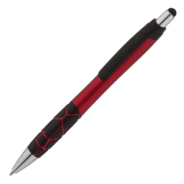 Plunger action ballpoint pen with metallic barrel, textured GEO pattern rubber... from ASI 67866 Logomark/Valumark / Valumark™
