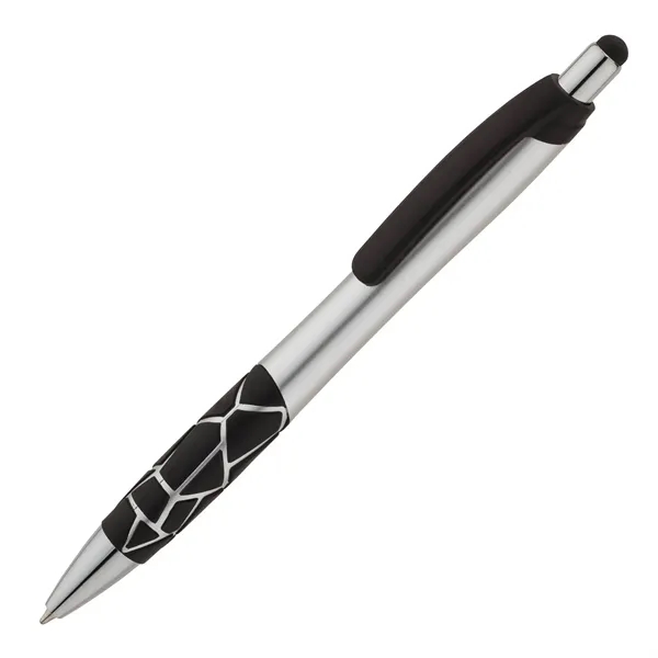 Plunger action ballpoint pen with metallic barrel, textured GEO pattern rubber... from ASI 67866 Logomark/Valumark / Valumark™