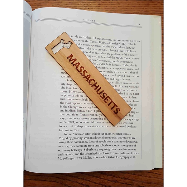 1.5" x 6" hardwood bookmark with laser engraving, Massachusetts state name... from ASI 92531 Unique Custom Products / UCP