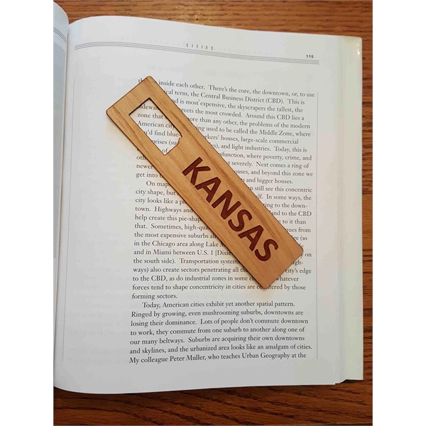 1.5" x 6" hardwood bookmark with laser engraving, Kansas state name... from ASI 92531 Unique Custom Products / UCP