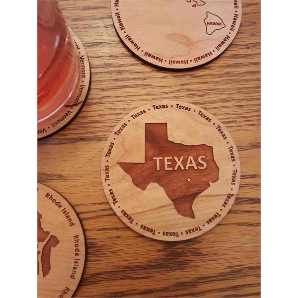 3.5" round wooden coasters with State of Texas shape in the... from ASI 92531 Unique Custom Products / UCP