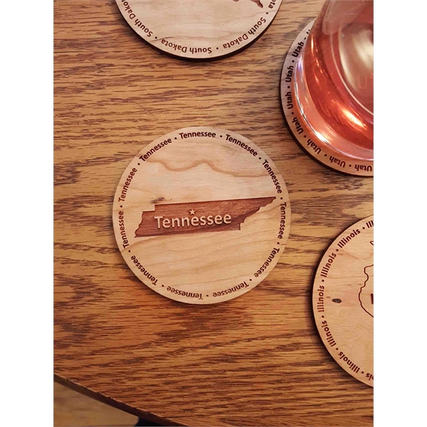 3.5" round wooden coasters with State of Tennessee shape in the... from ASI 92531 Unique Custom Products / UCP