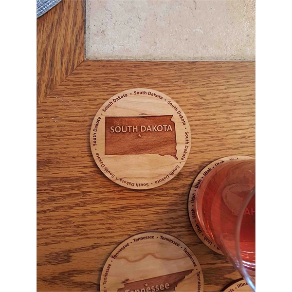 3.5" round wooden coasters with State of South Dakota shape in... from ASI 92531 Unique Custom Products / UCP