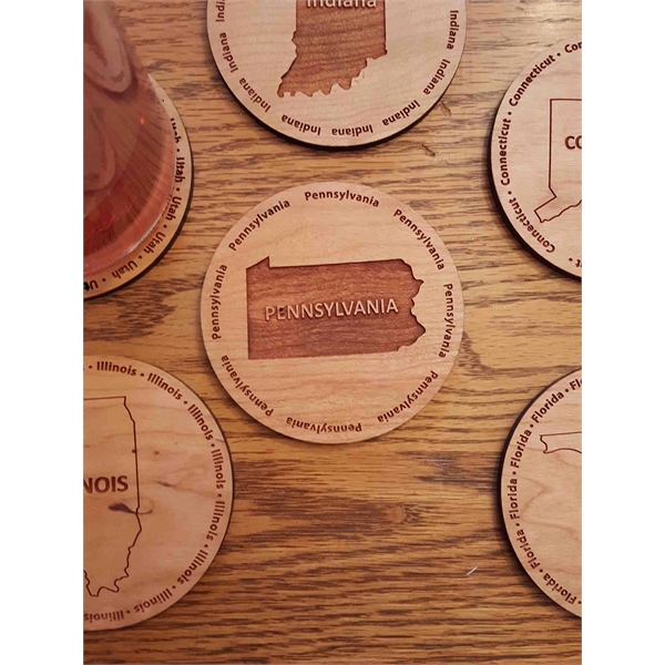 3.5" round wooden coasters with State of Pennsylvania shape in the... from ASI 92531 Unique Custom Products / UCP