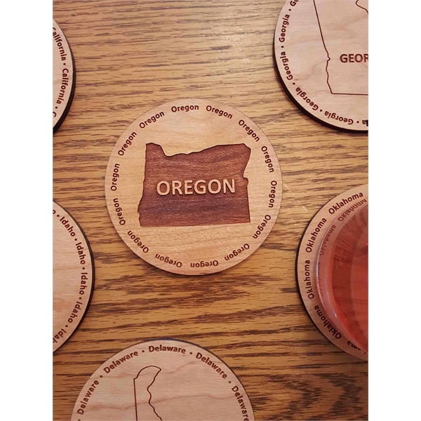 3.5" round wooden coasters with State of Oregon shape in the... from ASI 92531 Unique Custom Products / UCP