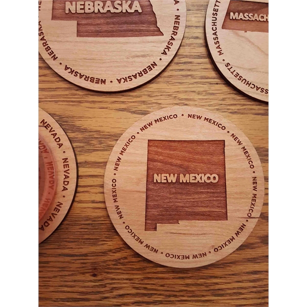 3.5" round wooden coasters with State of New Mexico shape in... from ASI 92531 Unique Custom Products / UCP