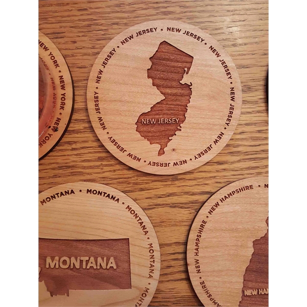3.5" round wooden coasters with State of New Jersey shape in... from ASI 92531 Unique Custom Products / UCP