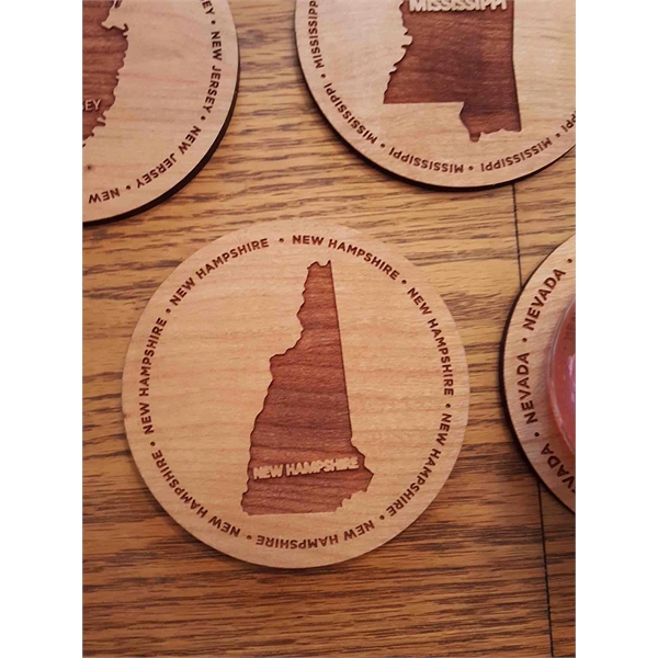 3.5" round wooden coasters with State of New Hampshire shape in... from ASI 92531 Unique Custom Products / UCP