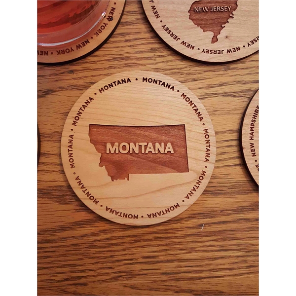 3.5" round wooden coasters with State of Montana shape in the... from ASI 92531 Unique Custom Products / UCP