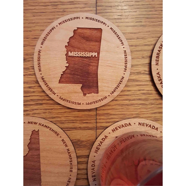 3.5" round wooden coasters with State of Mississippi shape in the... from ASI 92531 Unique Custom Products / UCP