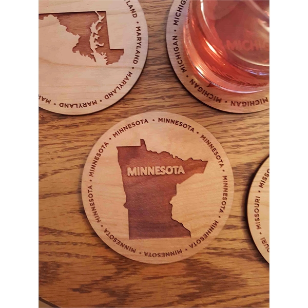 3.5" round wooden coasters with State of Minnesota shape in the... from ASI 92531 Unique Custom Products / UCP