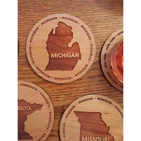3.5" round wooden coasters with State of Michigan shape in the... from ASI 92531 Unique Custom Products / UCP