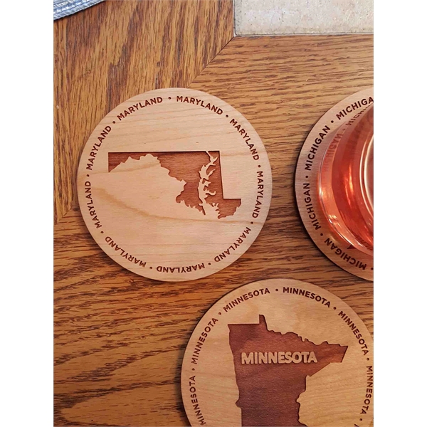 3.5" round wooden coasters with State of Maryland shape in the... from ASI 92531 Unique Custom Products / UCP