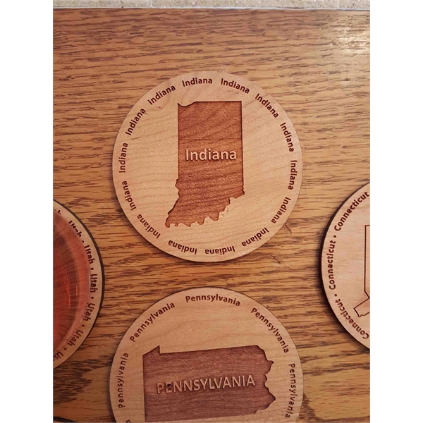 3.5" round wooden coasters with State of Indiana shape in the... from ASI 92531 Unique Custom Products / UCP