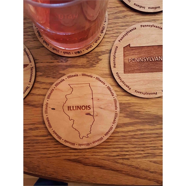 3.5" round wooden coasters with State of Illinois shape in the... from ASI 92531 Unique Custom Products / UCP