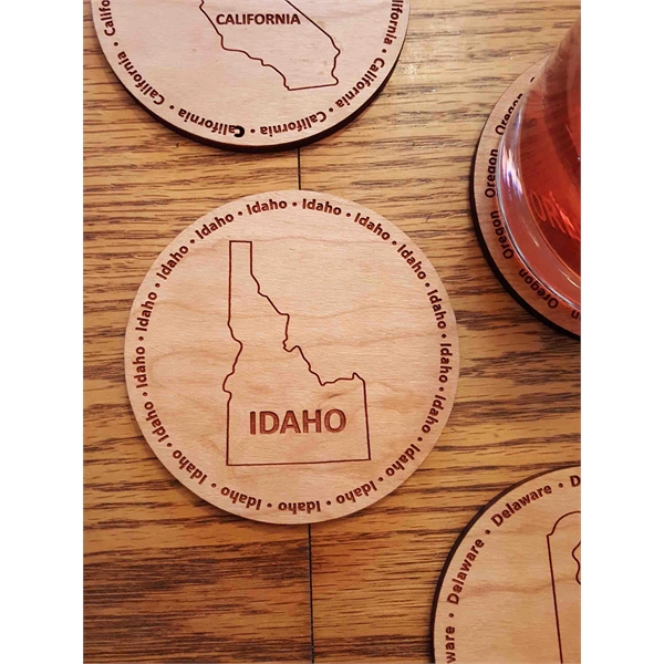 3.5" round wooden coasters with State of Idaho shape in the... from ASI 92531 Unique Custom Products / UCP