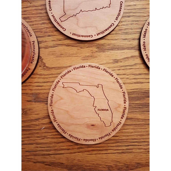 3.5" round wooden coasters with State of Florida shape in the... from ASI 92531 Unique Custom Products / UCP
