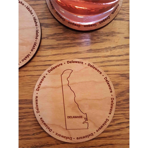 3.5" round wooden coasters with State of Delaware shape in the... from ASI 92531 Unique Custom Products / UCP