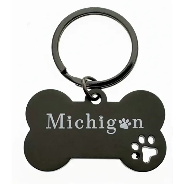 Dog bone shaped keychains with a gun metal black finish.... from ASI 40610 Perry Blackburne Inc