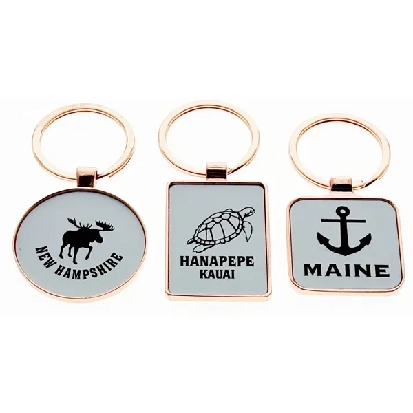 Rose gold plated keychain with a white aluminum inlayed plate, available... from ASI 40610 Perry Blackburne Inc