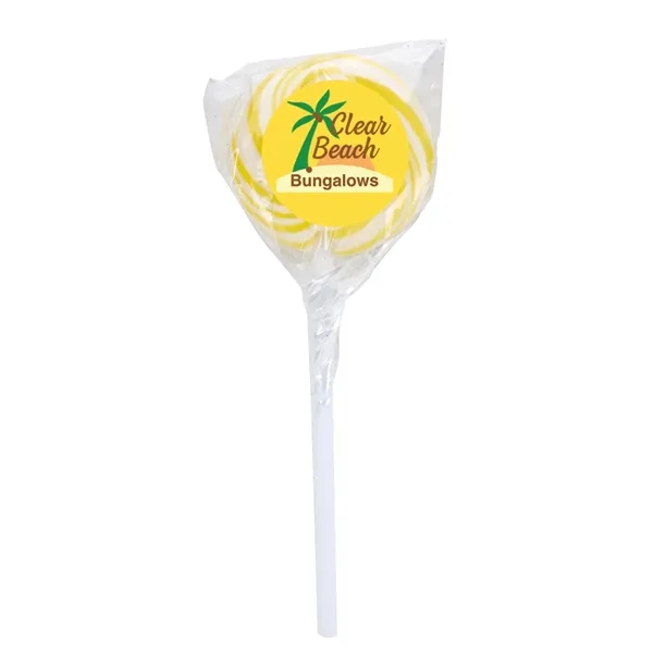 Swirl lollipop with round custom label; assorted flavors.... from ASI 61125 Hit Promotional Products / Hit®
