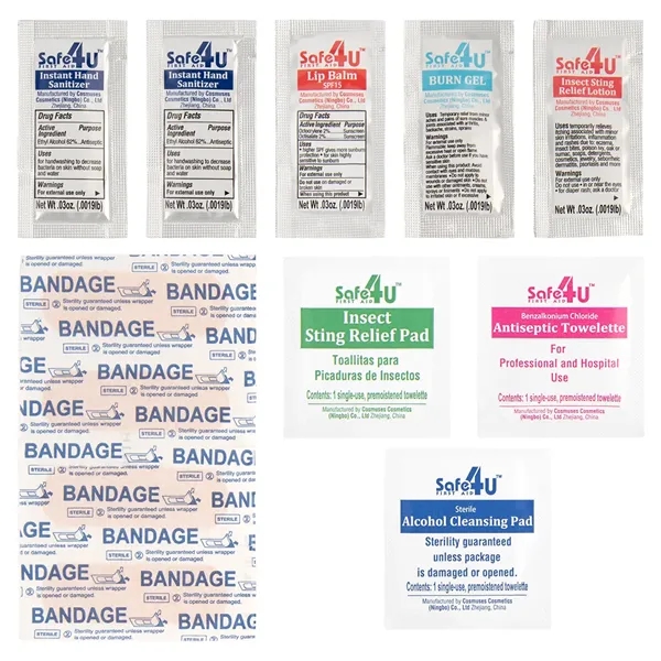 Portable first aid kit with bandages, hand sanitizer, cleansing pad, towelette,... from ASI 61125 Hit Promotional Products / Hit®