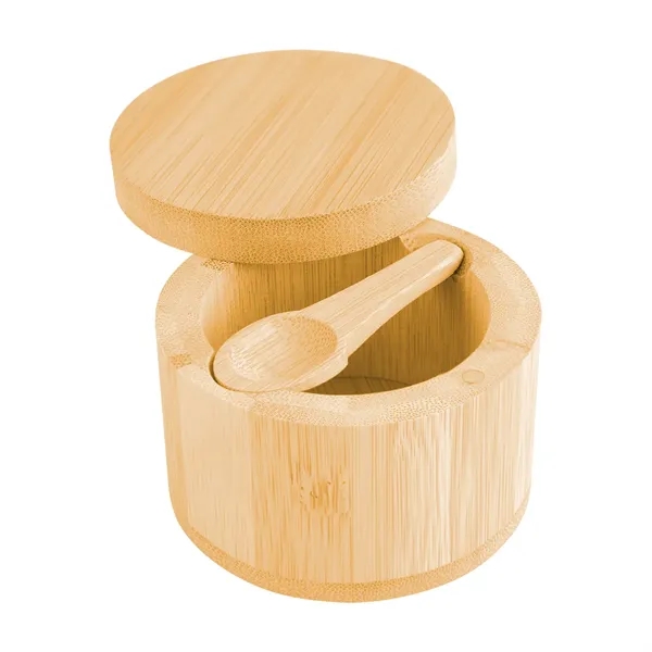 Bamboo container with magnetic swivel lid; situatable for salt, pepper, spices,... from ASI 61125 Hit Promotional Products / Hit®