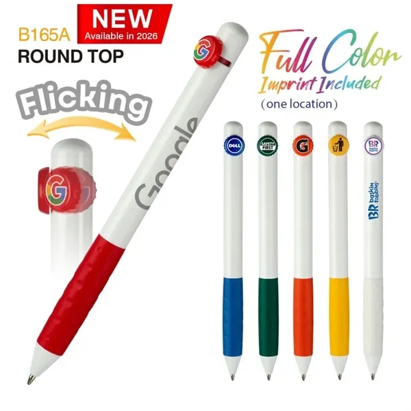 Smooth writing ballpoint pen with color grip and matching color "disk-shaped"... from ASI 82498 RiteLine LLC