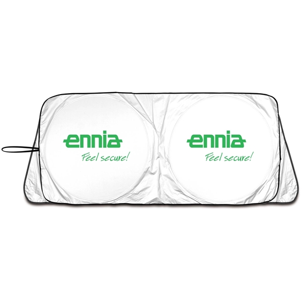 Satin silver collapsible fabric sunshade, one piece construction, dual round loops... from ASI 37586 Auto-Sun-shade/Intertek