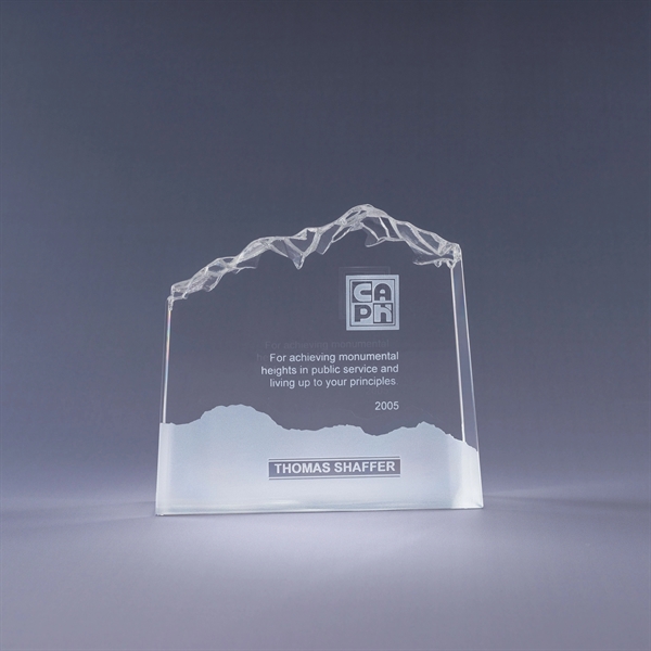Mountain shaped optic crystal award with deep etch imprint on one... from ASI 62985 J. Charles