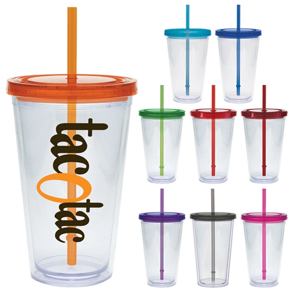 20 oz. clear tumbler with double-wall construction, lid and colored straw.... from ASI 71920 Moderne Glass Company Inc / Glass America®