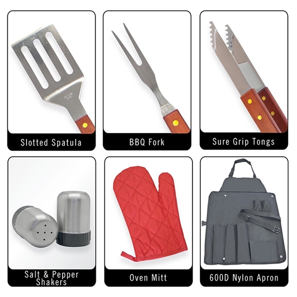 7 pc BBQ apron set. Spatula, fork, tongs, oven mitt, salt... from ASI 30112 ACE Products / Ace Line