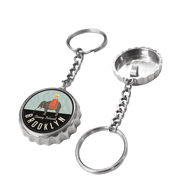 Chrome bottle cap shaped opener with keychain and UV crystal clear... from ASI 63073 Openers.Beer / Openers Plus Hobow Caps and Beverage Tools