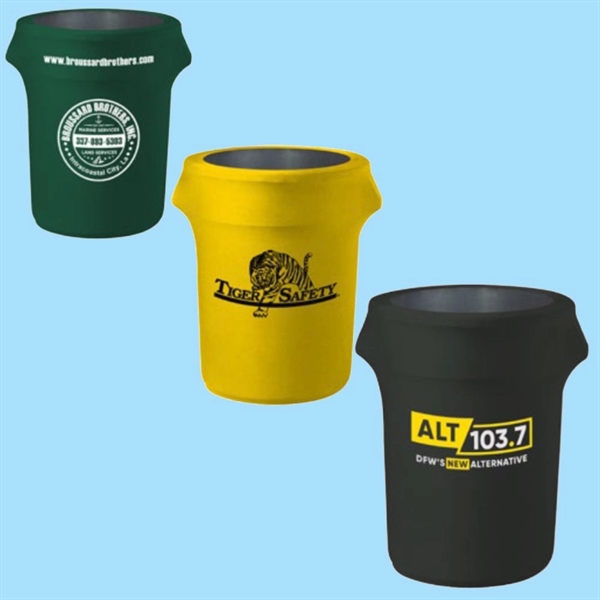 Customizable trash can "wraps" made of polyester/spandex; designed to cover 55... from ASI 30442 Above & Beyond Advertising Products / PromoAdLine