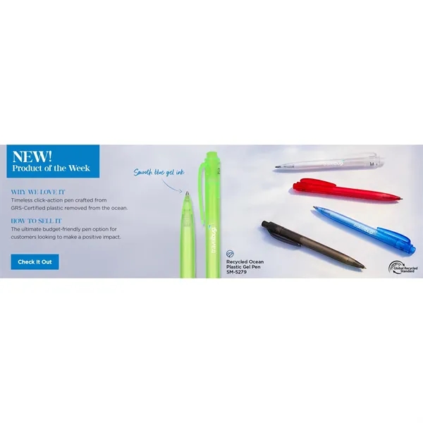Blue gel ink pen made with recycled ocean plastic.... from ASI 66887 PCNA / Bullet