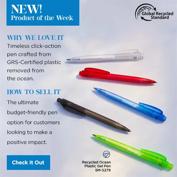 Blue gel ink pen made with recycled ocean plastic.... from ASI 66887 PCNA / Bullet