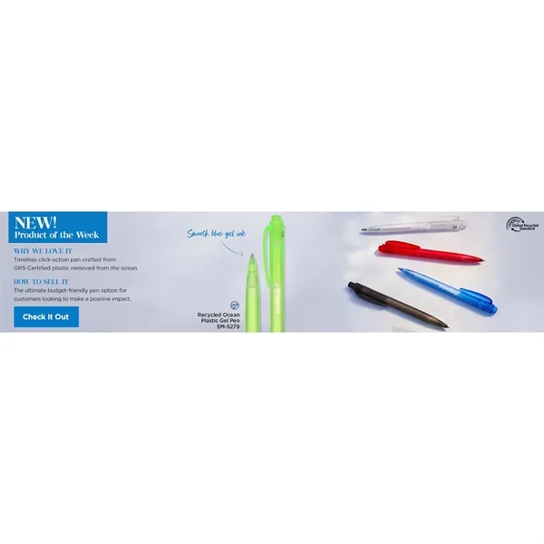 Blue gel ink pen made with recycled ocean plastic.... from ASI 66887 PCNA / Bullet