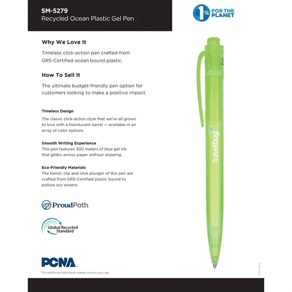 Blue gel ink pen made with recycled ocean plastic.... from ASI 66887 PCNA / Bullet
