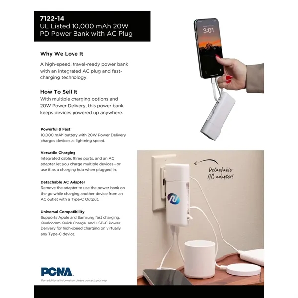 UL Listed 10,000 mAh 20W PD Power Bank with AC Plug... from ASI 66887 PCNA / Leeds