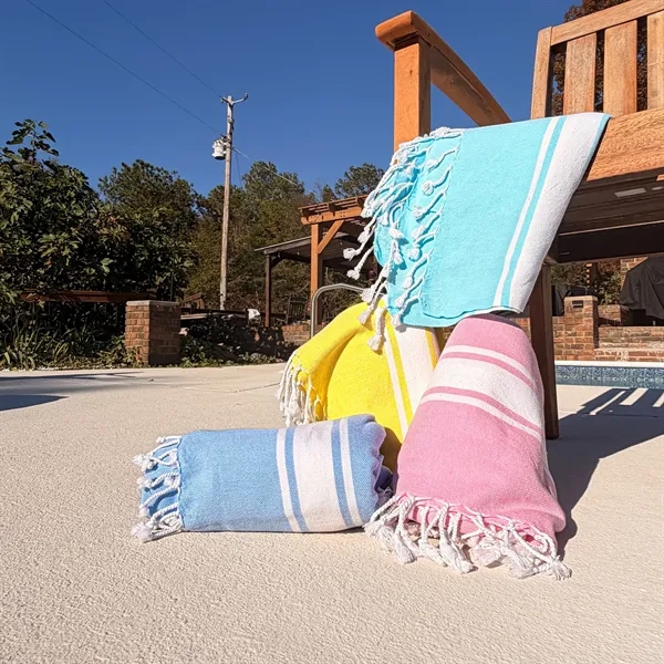 39" x 70"8.5lb./doz.100% Turkish Cotton peshtemal/beach towel with fringes.... from ASI 79750 Pro Towels