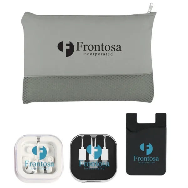 Tech kit that includes a mesh vanity bag with earbuds, car... from ASI 61125 Hit Promotional Products / Hit®