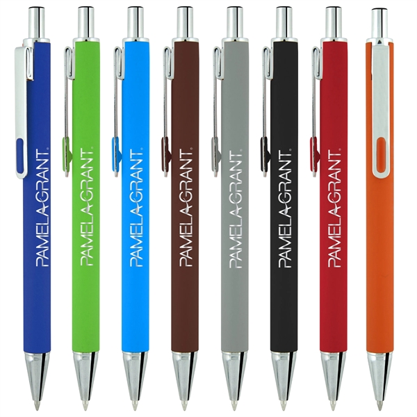 Plunger-action ballpoint pen with rubber-like colored metal barrel plus chrome clip... from ASI 52387 Empire USA / Pens Line USA