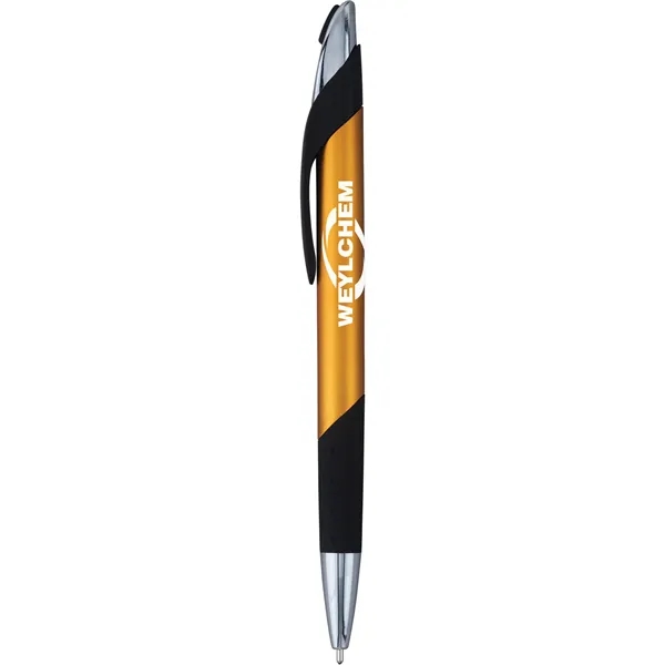 Click-action ballpoint pen with shimmering metallic barrel, contemporary accents, dimpled black... from ASI 61966 HPG / Hub Pen