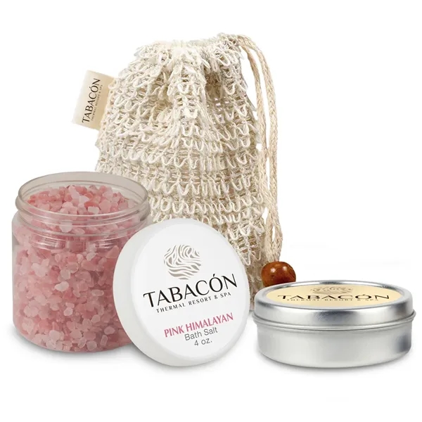 Self-care set includes a loofah bag, bath salts, and vanilla candle... from ASI 73497 Natural Trends