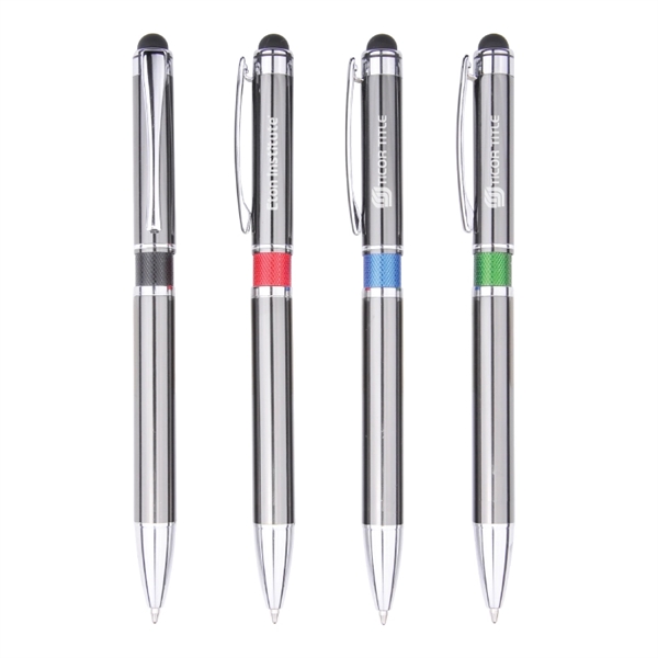 Aluminum plunger action ballpoint pen with a stylus tip and black... from ASI 57655 STOPNGO Line