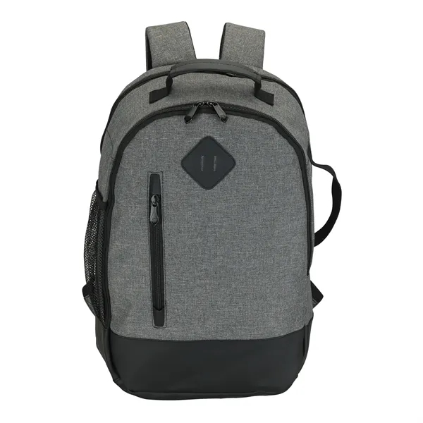 Backpack made with denim-feel fabric and leatherette trim.... from ASI 67866 Logomark/Valumark