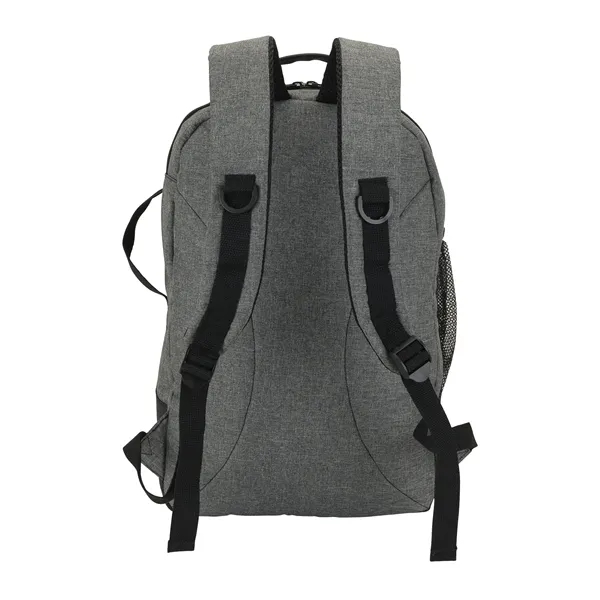 Backpack made with denim-feel fabric and leatherette trim.... from ASI 67866 Logomark/Valumark